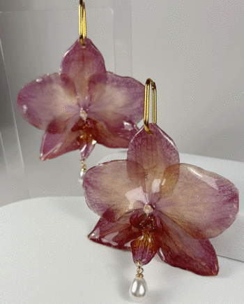 Dark red oreserved orchid earring dipped in resin.